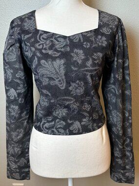 Y2K Vtg Wrangler Silver Lake Grey Damask Floral Lace Up Open Back Blouse Top S